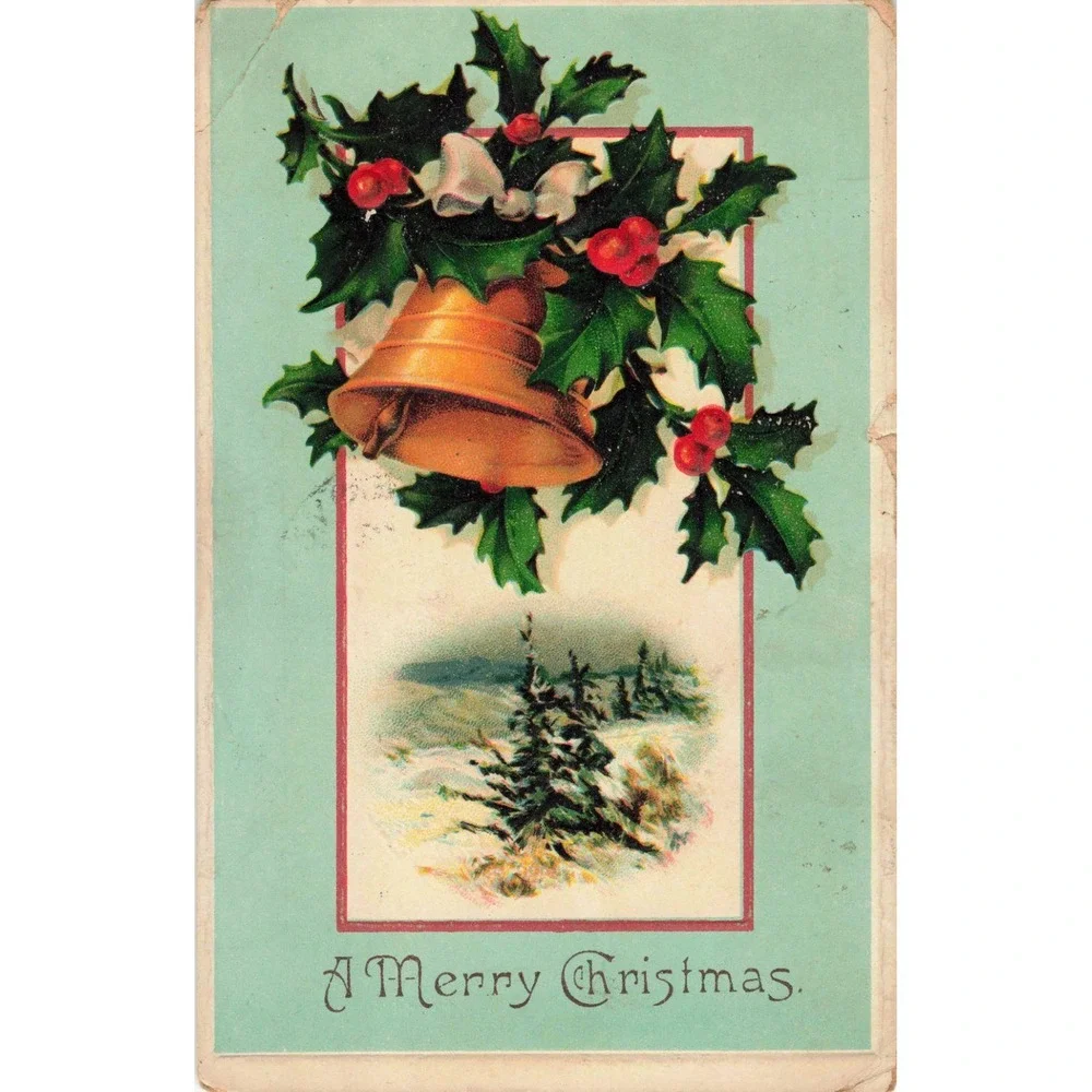 Antique 1908 Christmas Postcard RPPC Golden Bell Holly Germany Embossed